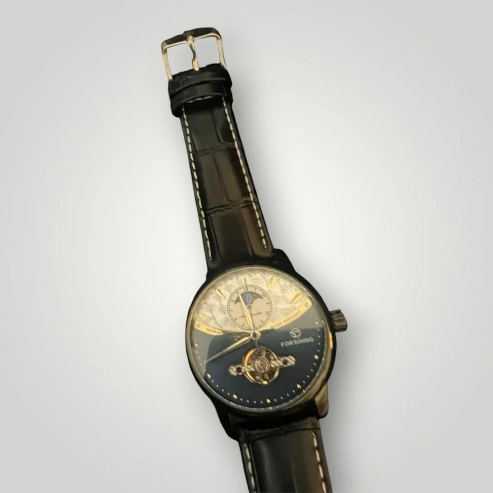 Forsining TM339 Automatic Mechanical Watch Moon Phase Open Heart Black Gold 43mm